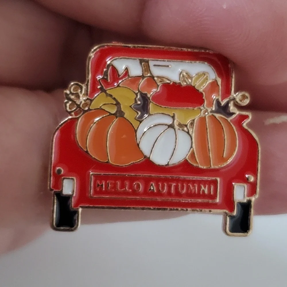 Hello Autumn Red Truck Pumpkin Enamel Pin Gold Tone Fall Harvest Lapel Pin 1Inch